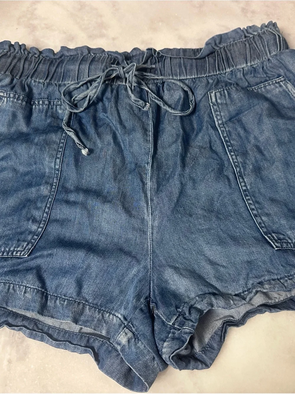Pink Lily Blue Denim Paperbag Waist Drawstring Shorts